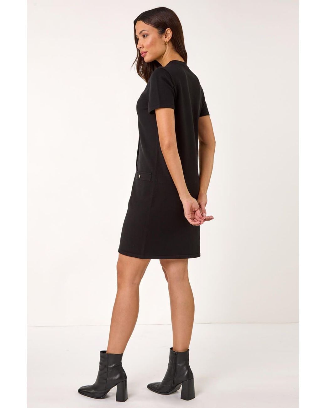 Roman Black Knitted Button Detail A-Line Dress