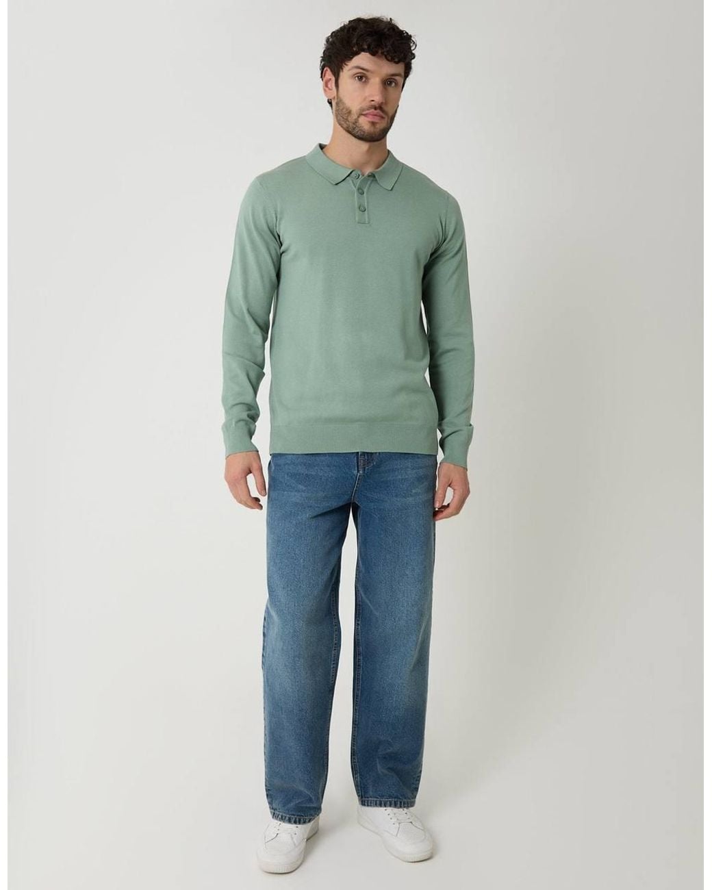 Threadbare Green Knitted Long Sleeve Polo Jumper for men