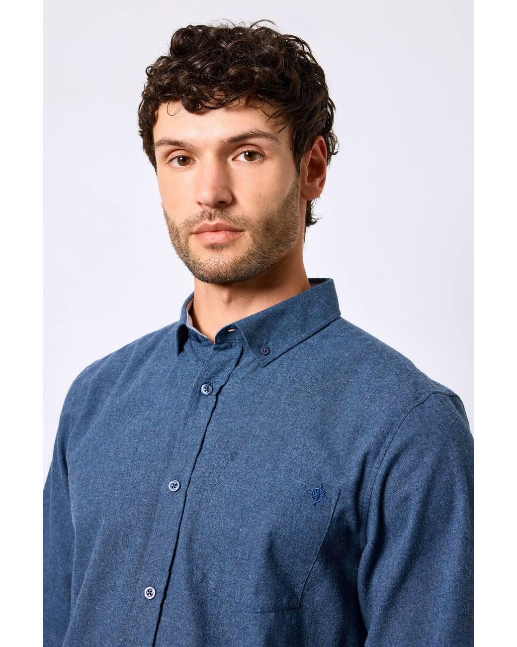 MAINE Blue Brushed Cotton Long Sleeve Shirt for men