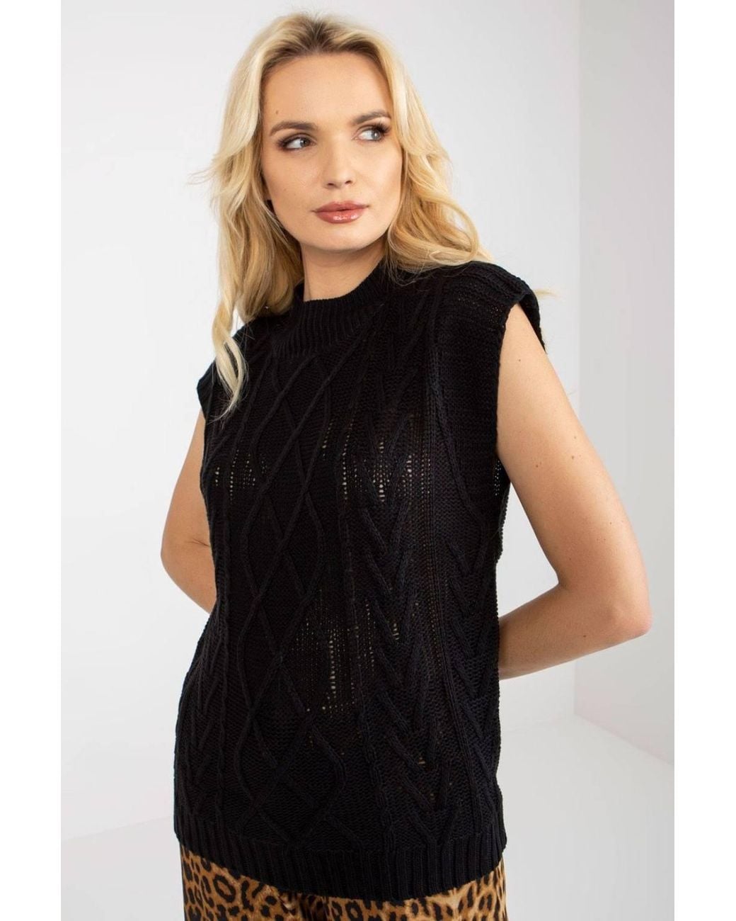 Love Lace Black Sleeveless Knitted Jacket Plaid Weave