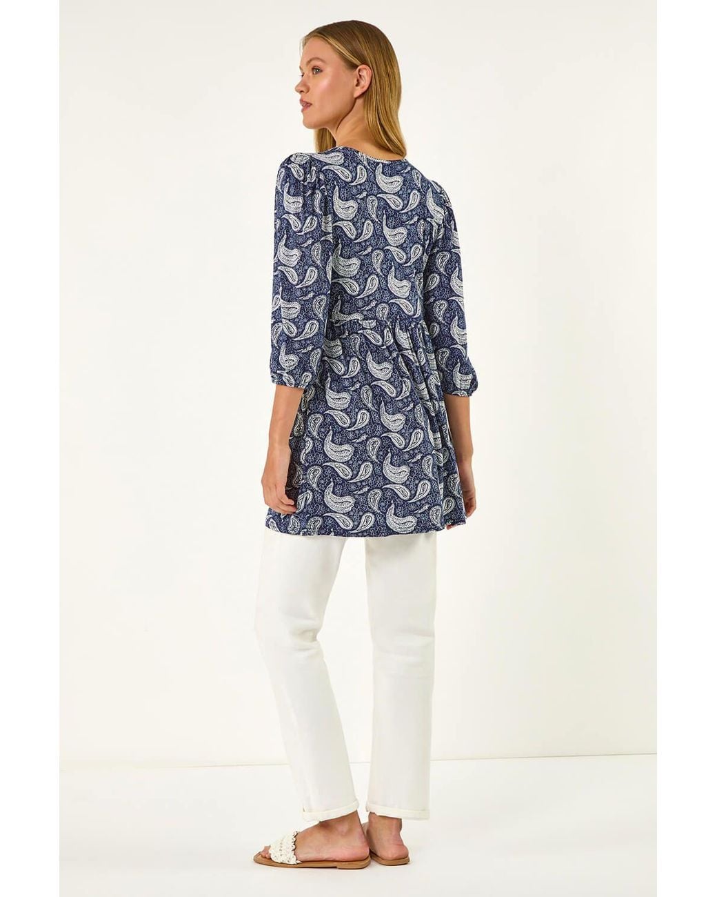 Roman Blue Paisley Print V-Neck Stretch Top