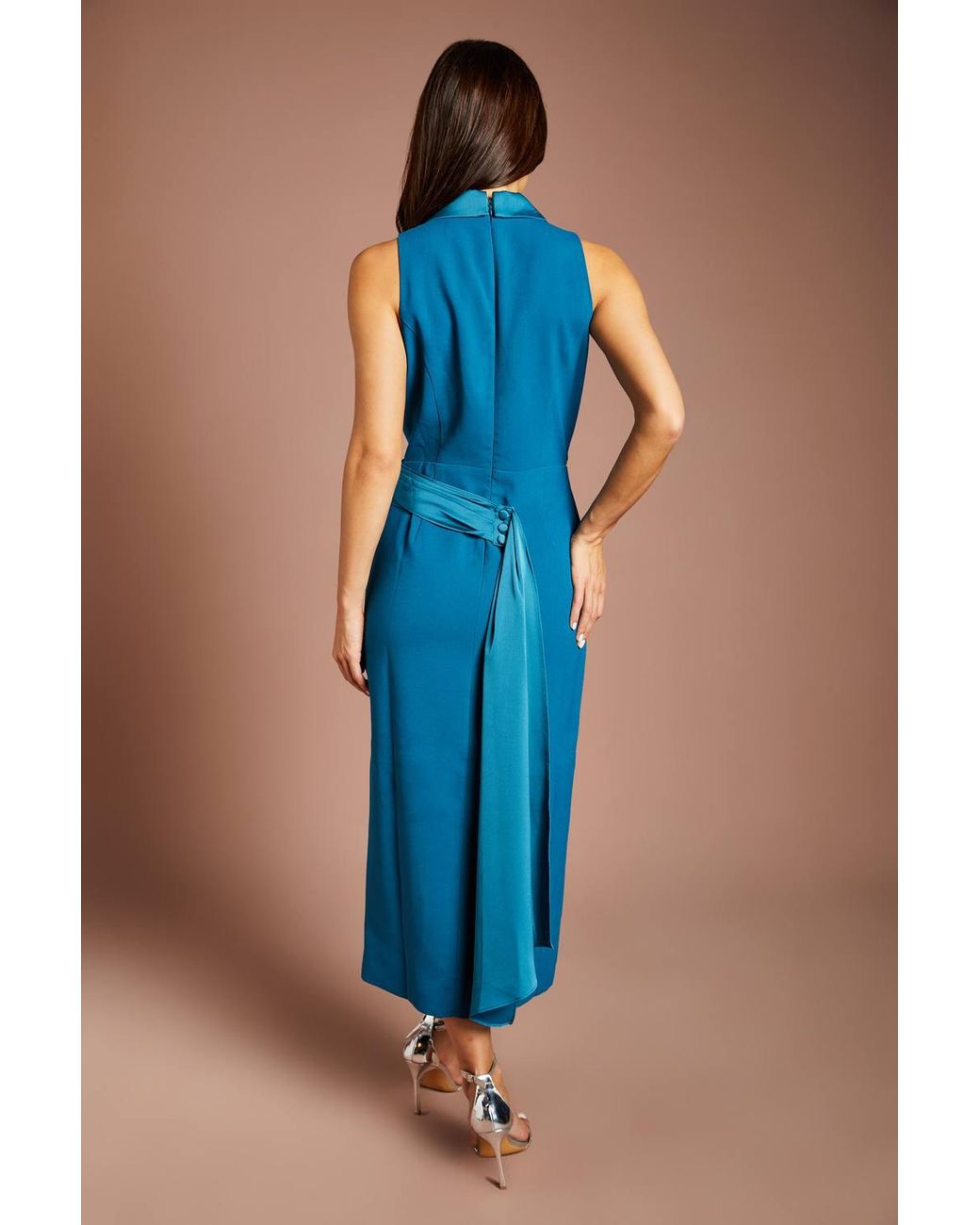 Coast Blue Sleeveless Crepe Satin Wrap Midi Dress