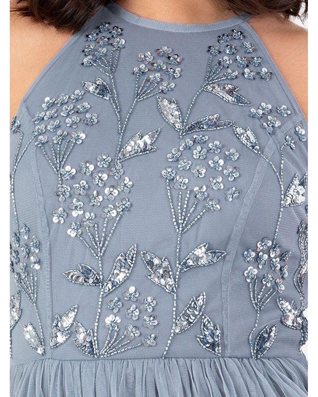 Maya Deluxe Blue Floral Embellished Halter Neck Maxi Dress
