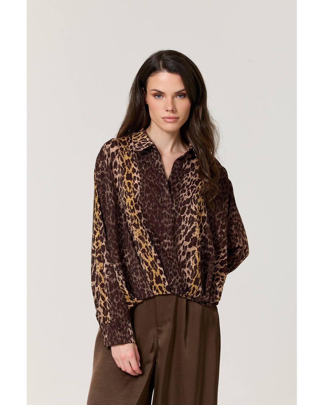 Liquorish Brown Mixed Animal Print Satin Shirt
