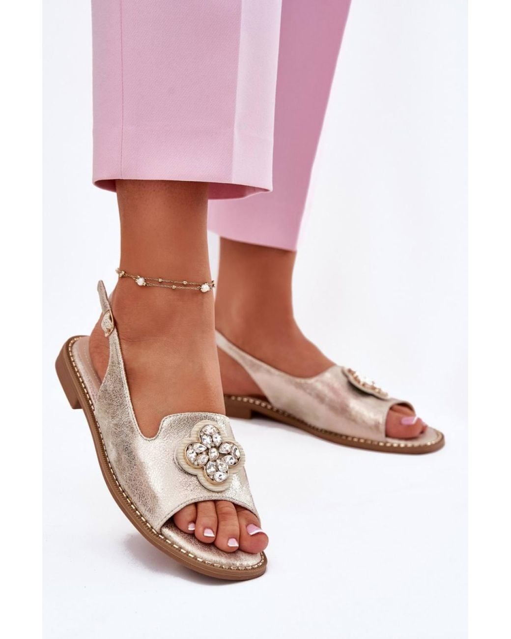 Love Lace Pink Flat Heel Buckle Sandals With Natural Insole Comfort