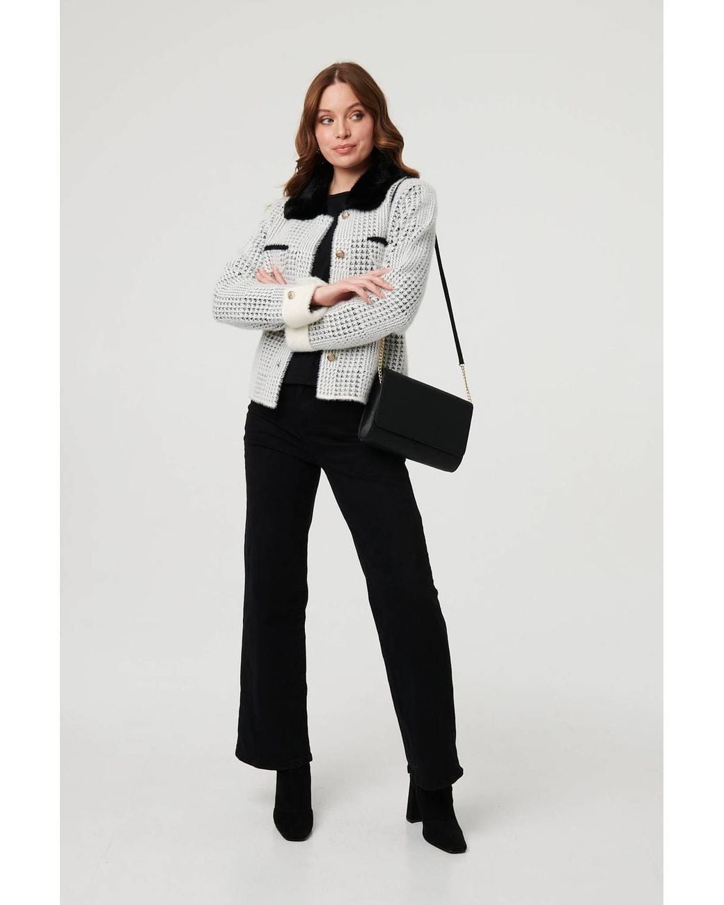 Izabel London Gray Checked Faux Fur Long Sleeve Jacket