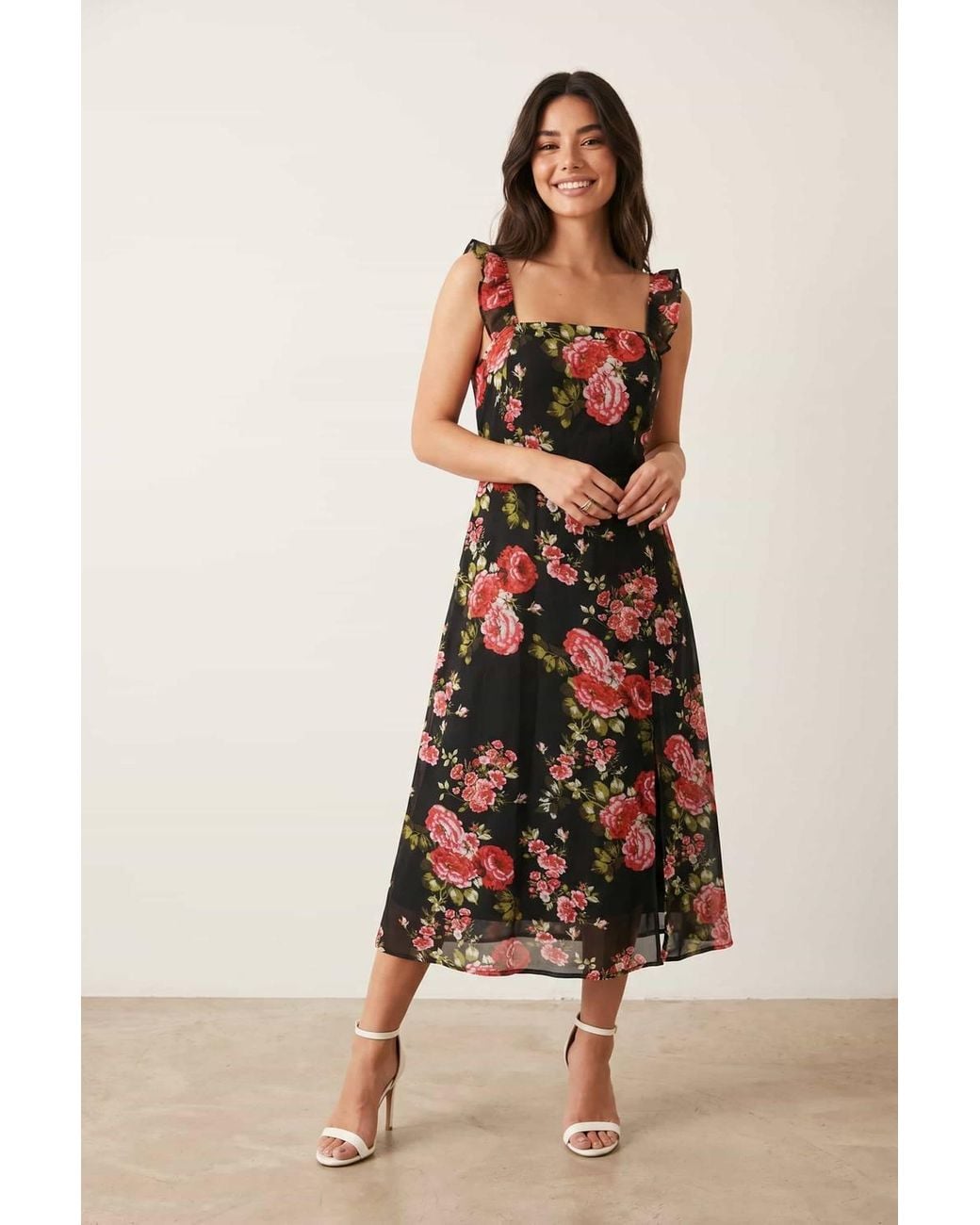 Style Cheat Black Strappy Rose Print Dress