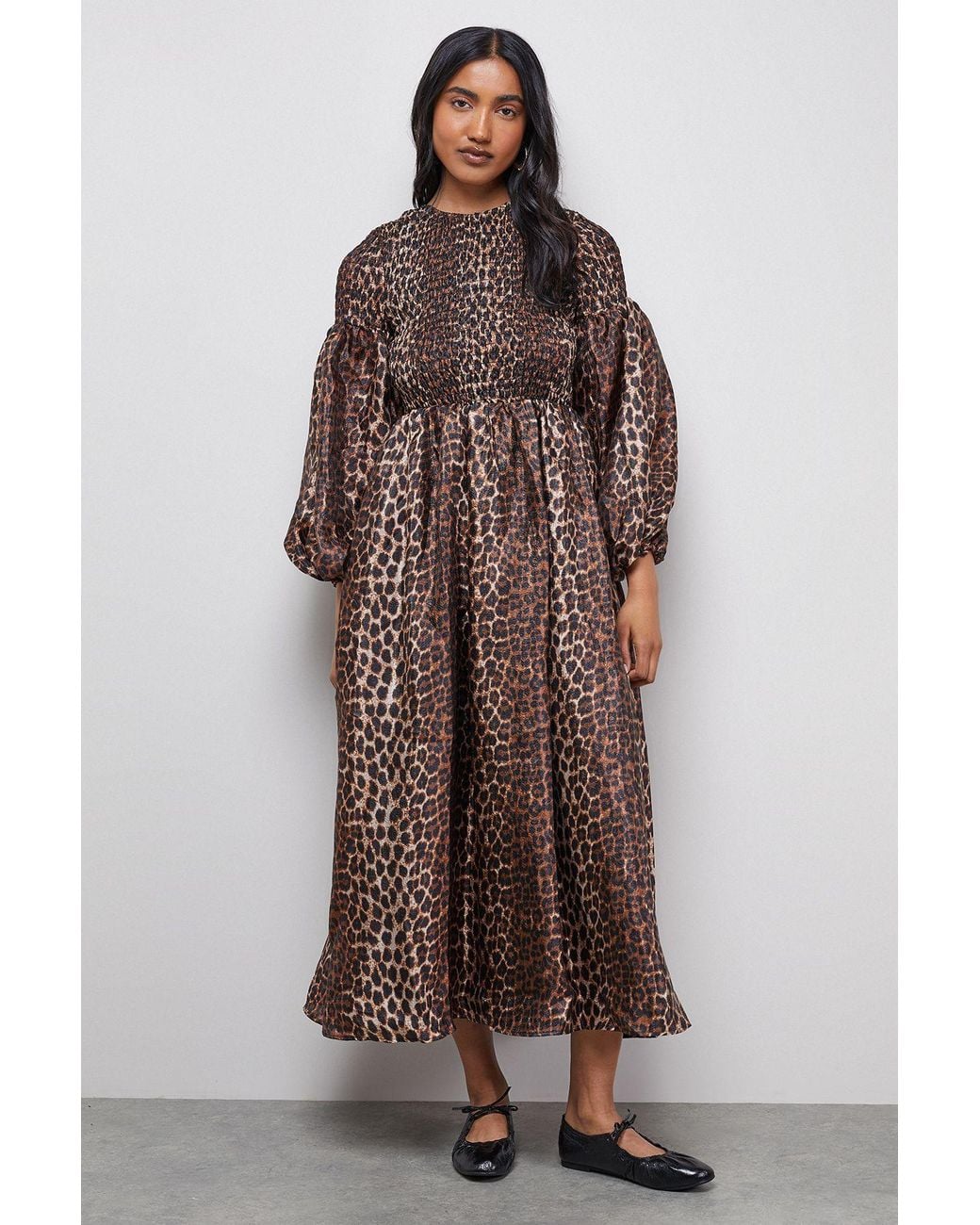 Warehouse Brown Textured Organza Shirred Midaxi Dress