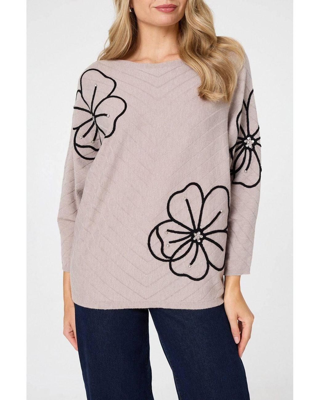 Izabel London Natural Floral Sparkle Batwing Sleeve Jumper
