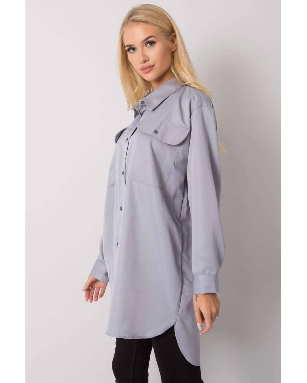 Love Lace Gray Long Sleeve Buttoned Extended Shirt Pockets