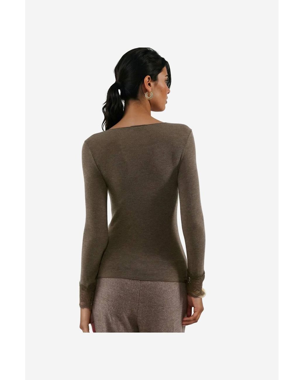 Busem Brown Long-Sleeve Lace V-Neck Top