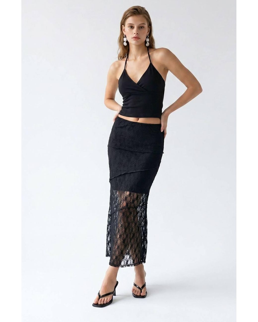 MixRay Blue High Waist Lace Midi Skirt