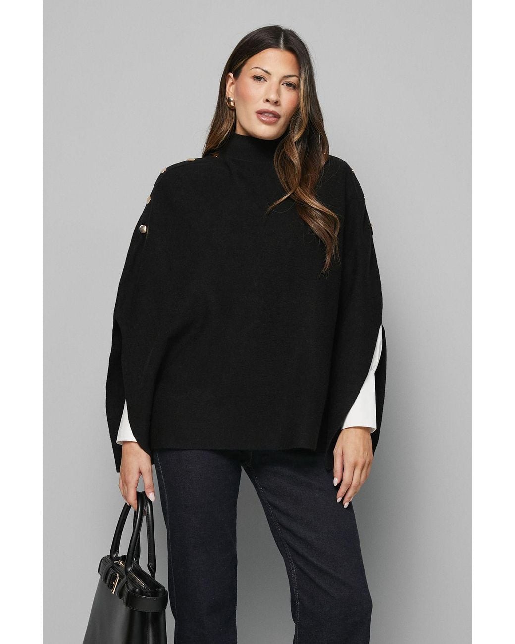 Wallis Black Button Detail High Neck Knitted Poncho Jumper
