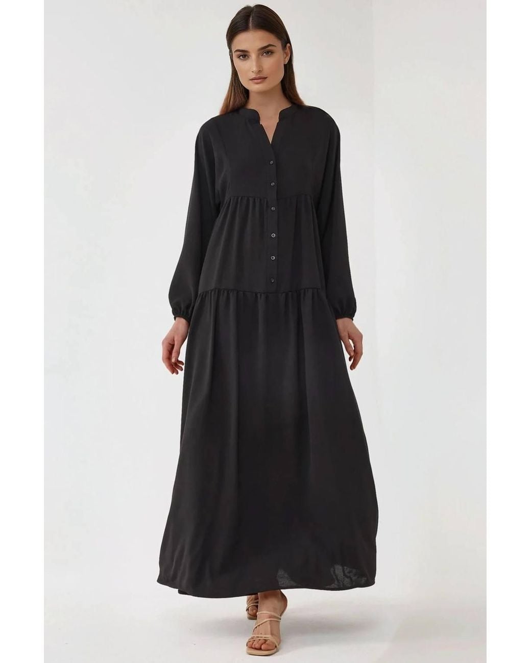 Hiccup Black Textured V-Neck Maxi Dress With Button Detail