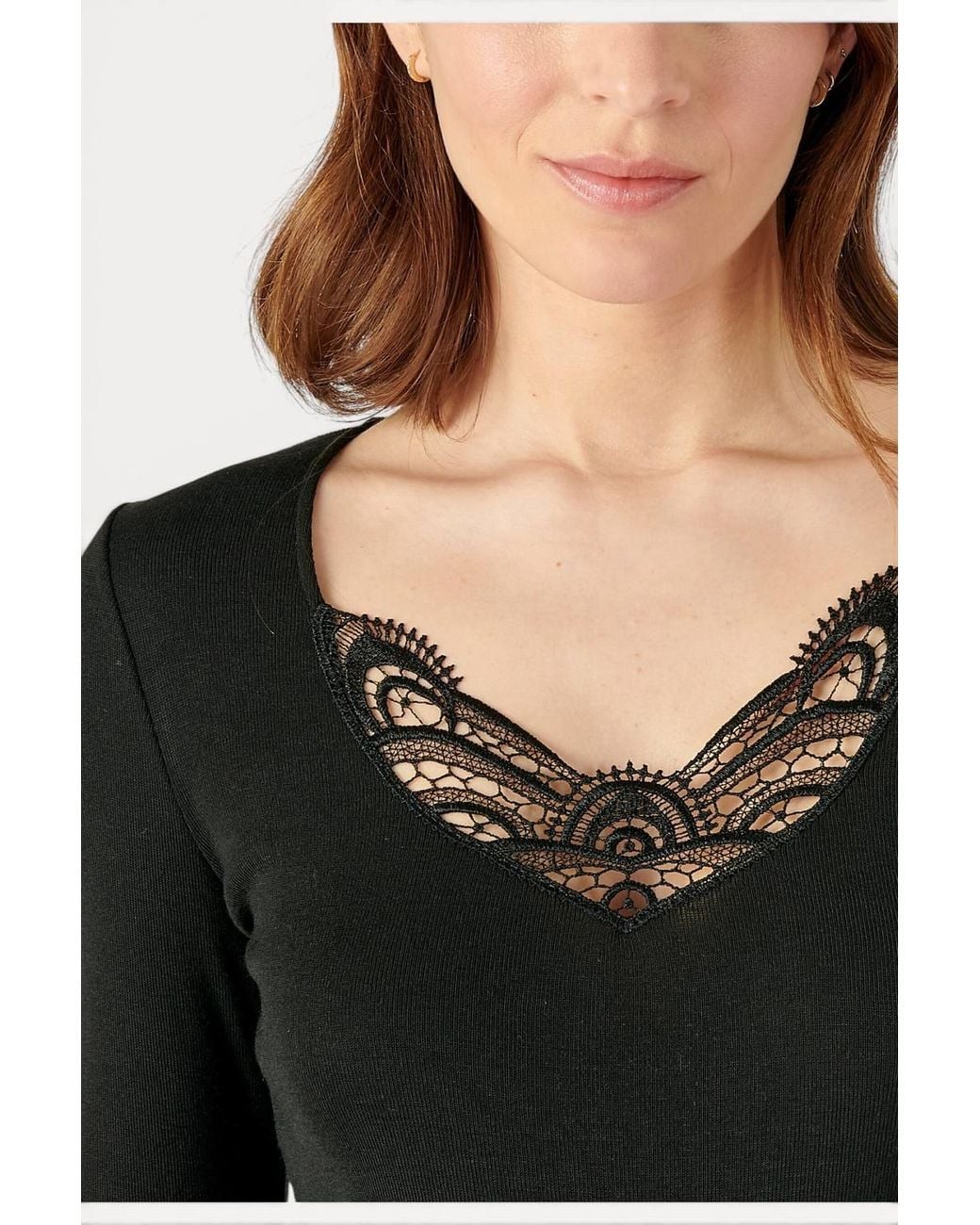 DAMART Black Thermal Medium Warmth V-Neck Lace Trim Long-Sleeved T-Shirt