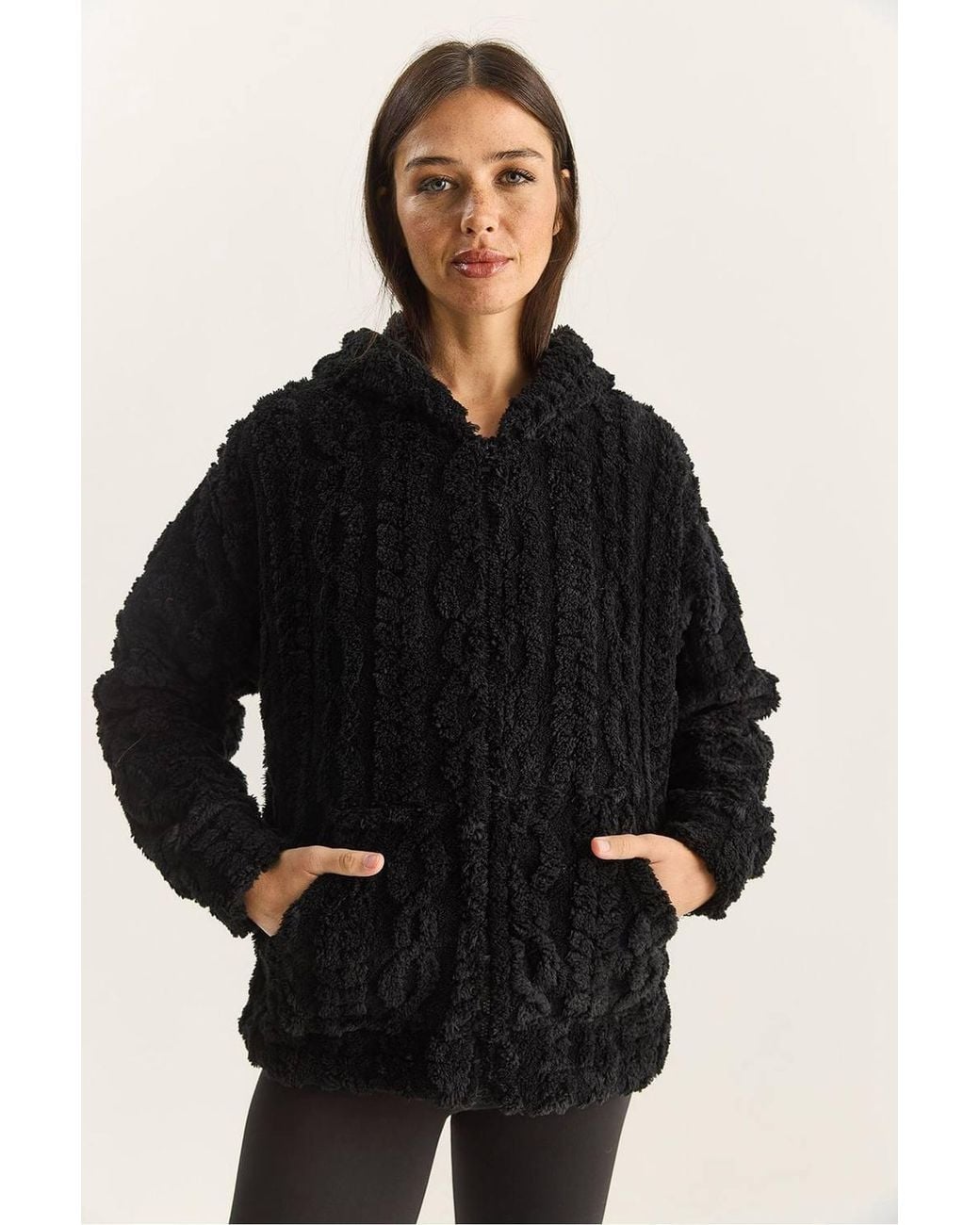 Bianco Lucci Black Hooded Textured Knitted Cardigan With Zipper
