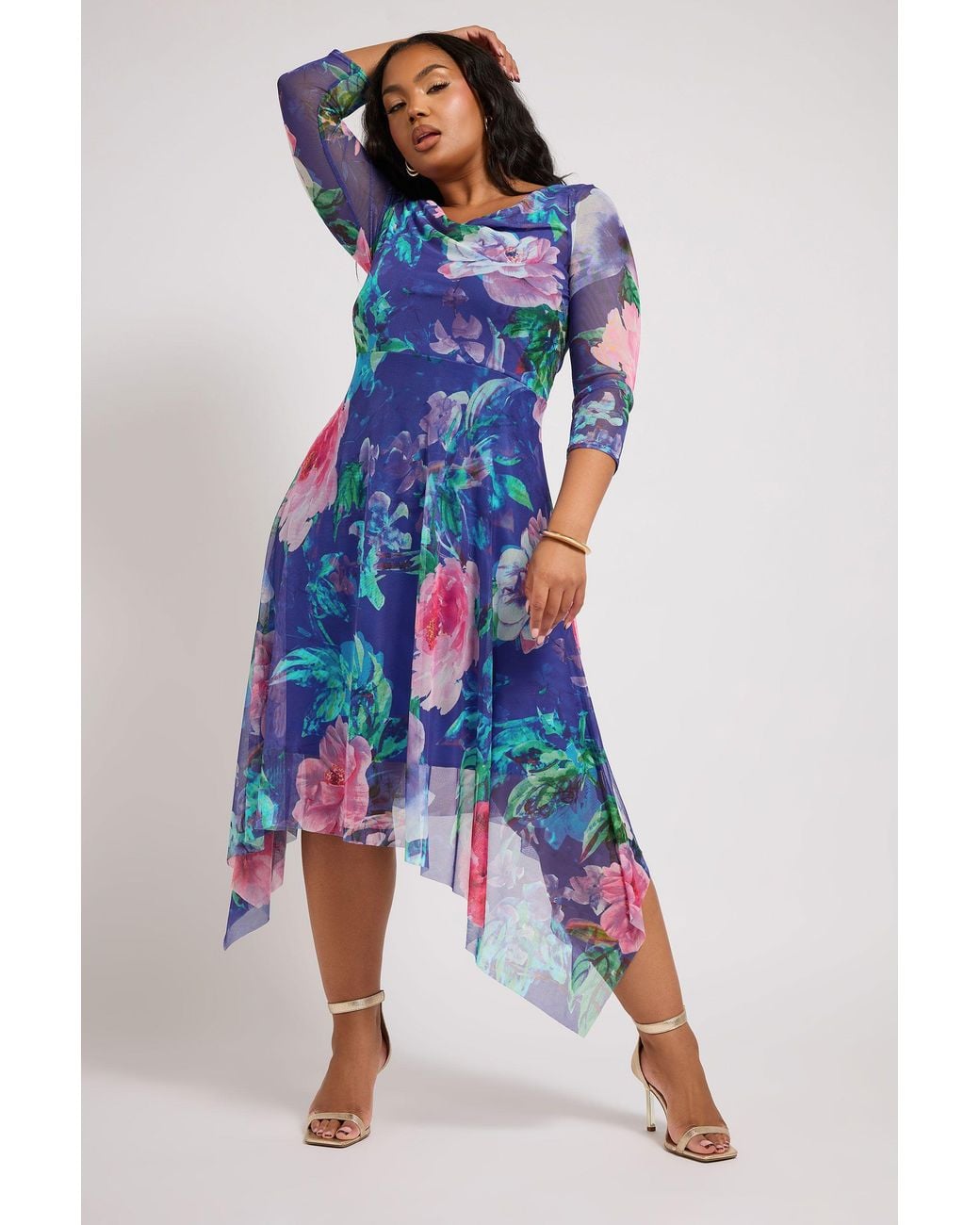Yours Blue Floral Asymmetric Mesh Dress