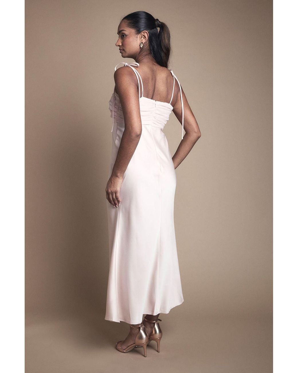 Oasis Natural Satin Chiffon Mix Tie Shoulder Bridesmaid Midi Dress