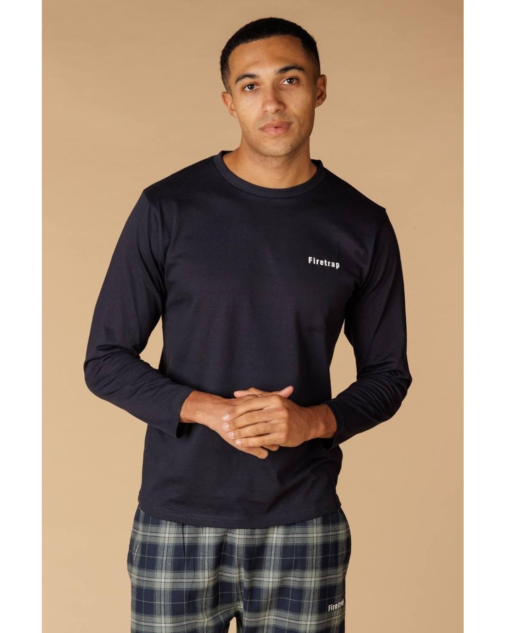 Firetrap Blue Cotton Check 2 Piece Long Sleeve Pyjama Set for men