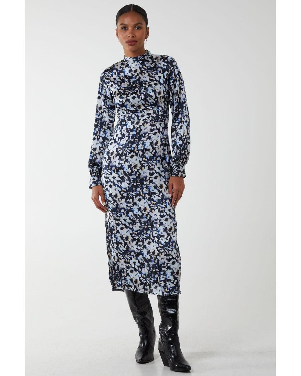 Blue Vanilla Blue Floral Print High Neck Dress