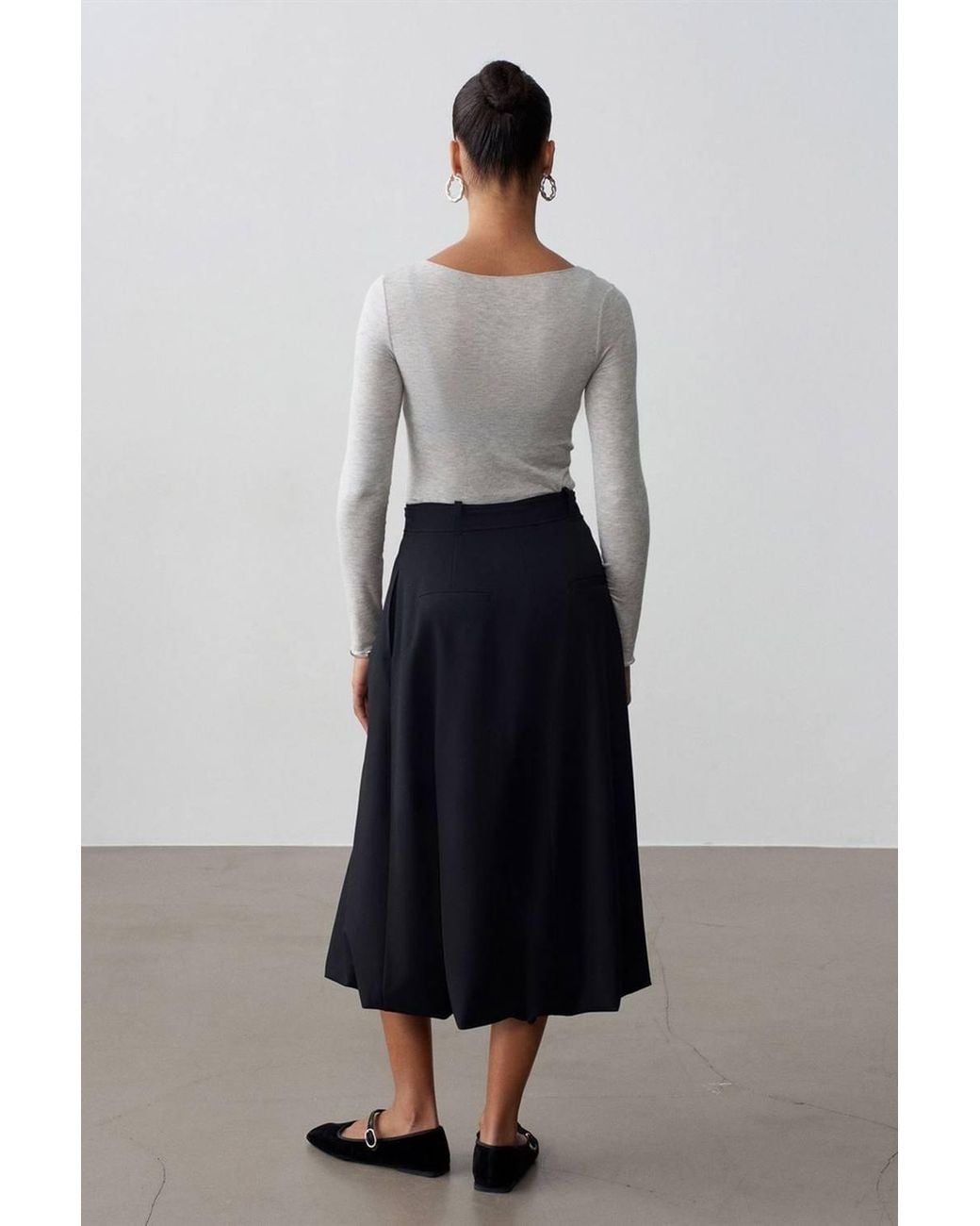 Dilvin White High-Waist Belted Midi Balloon Skirt