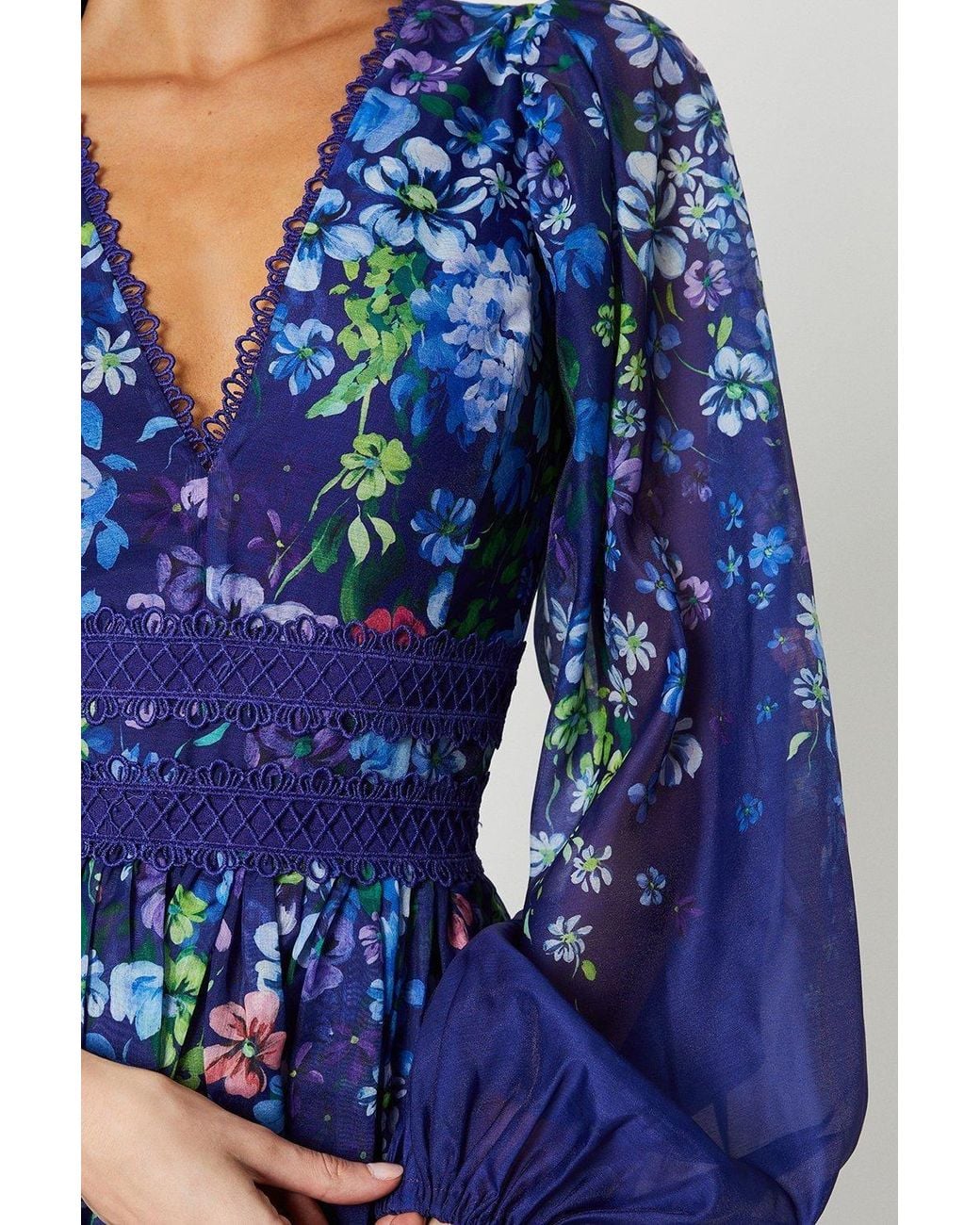 Coast Blue Organza Floral Placement Lace Trim Midaxi Dress