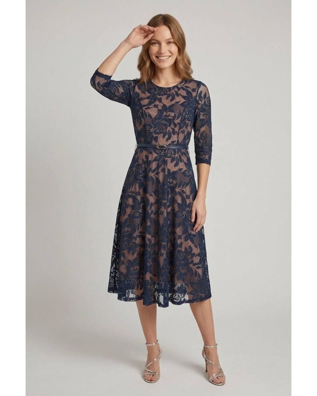 Izabel London Blue Floral Mesh Layered Midi Skater Dress