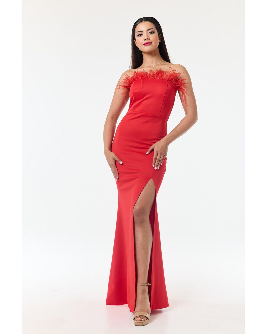 LuvForever Fashion Red Bandeau Side Slit Maxi Dress