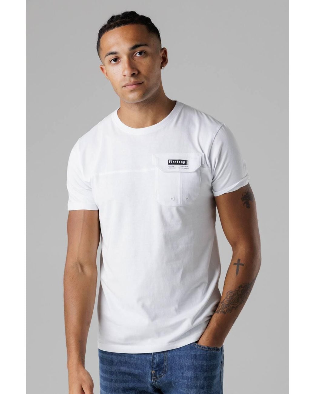 Firetrap White Regular Fit Cotton T-Shirt With Front Pocket for men