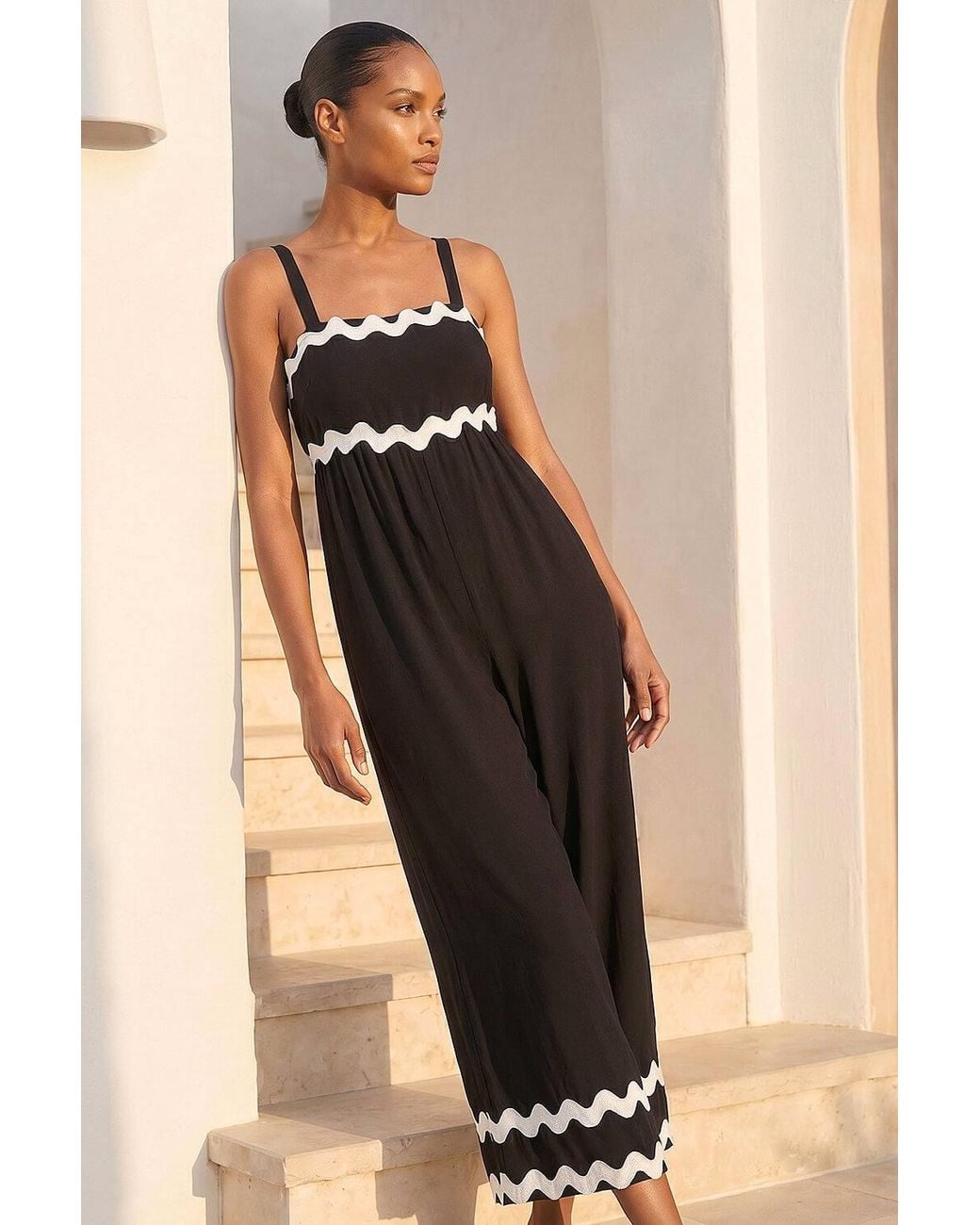 Roman Black Ric Rac Strap Detail Jumpsuit