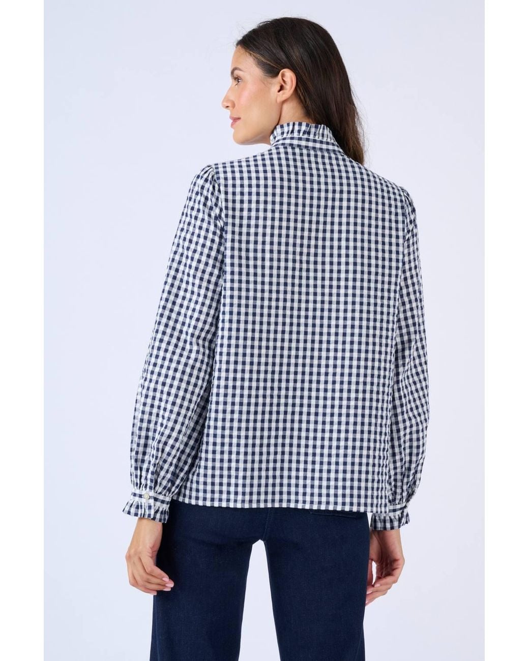 DAMART Blue Cotton Gingham Seersucker Cotton Blouse