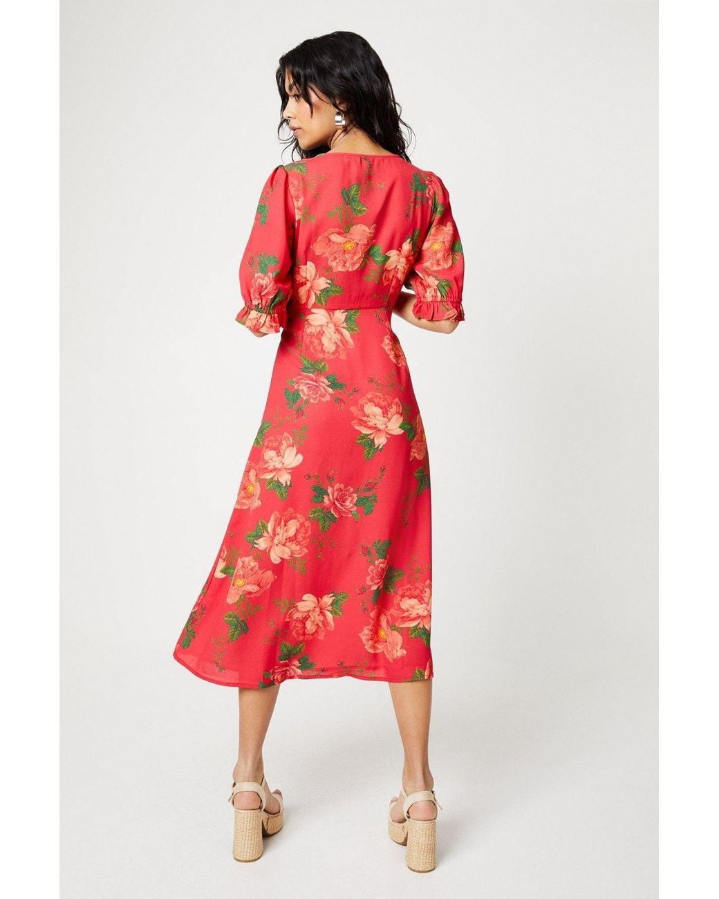 Dorothy Perkins Red Petite Button Through Midi Dress