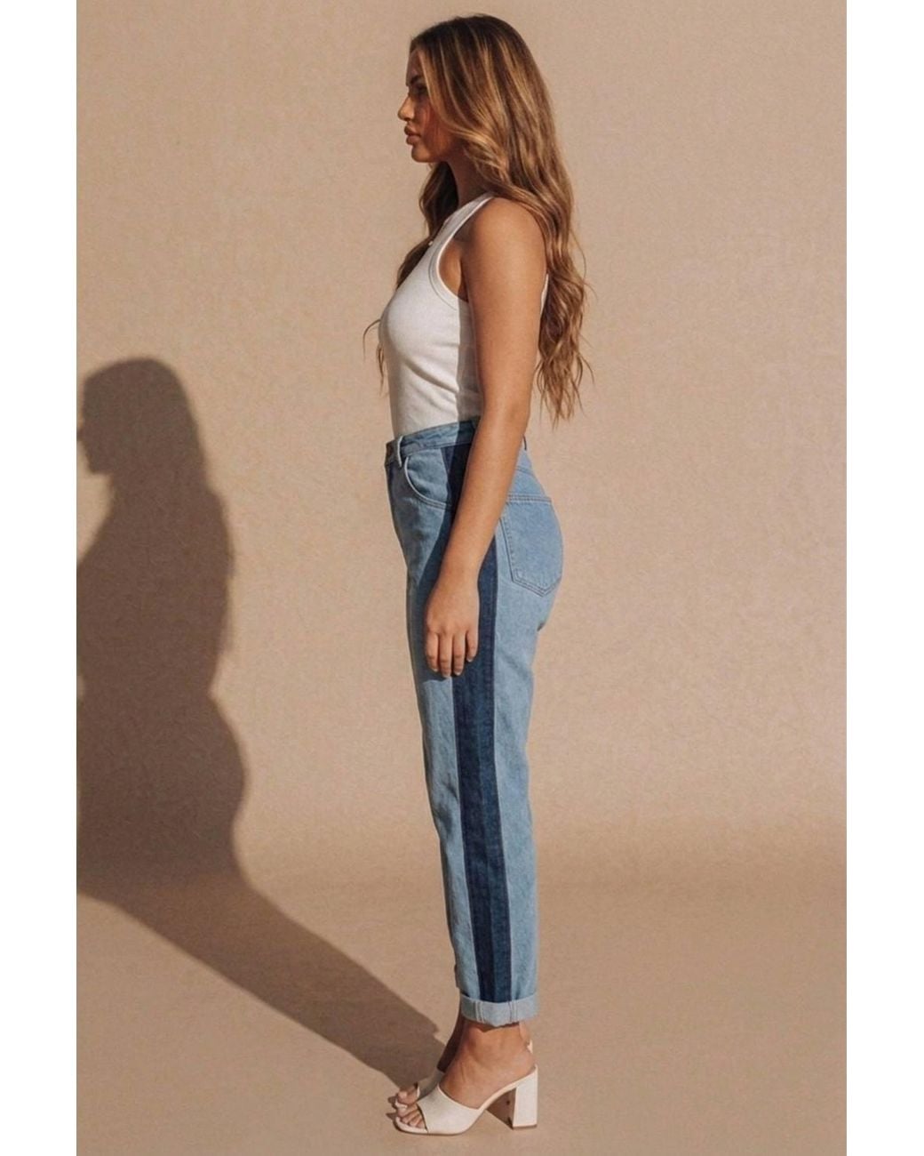 Femme Luxe Blue Light Wash Contrast Side Stripe Mom Jeans