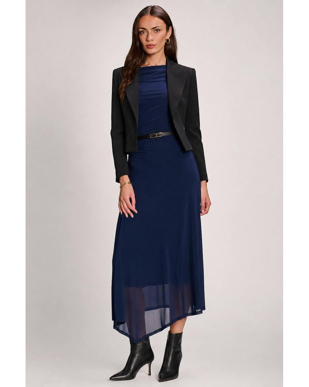 Jolie Moi Blue Asymmetric Draped Mesh Maxi Dress