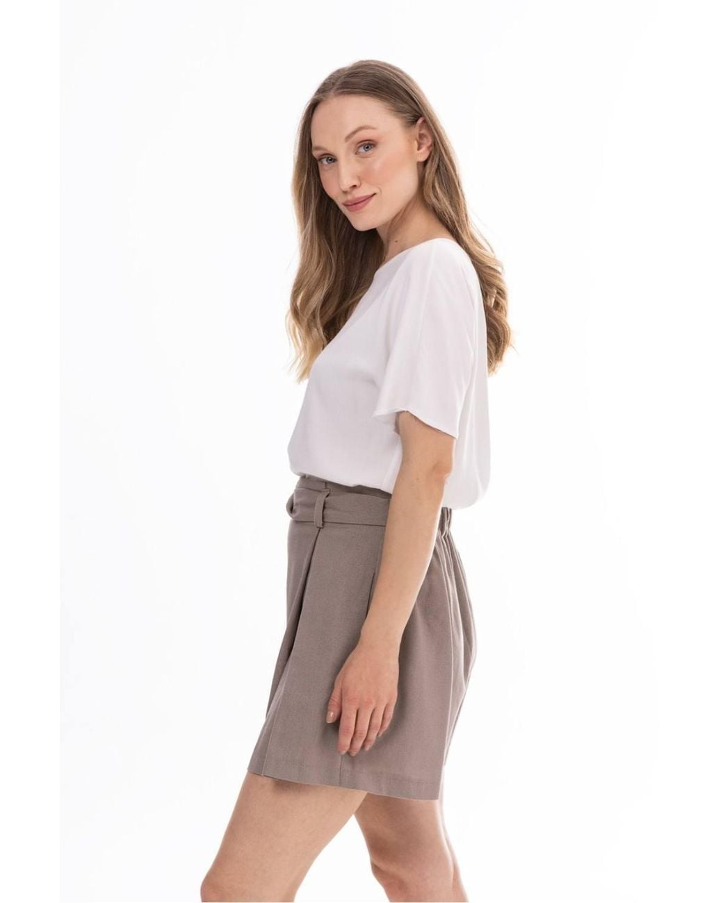 Love Lace Natural Belted High Waist Pleated Linen Shorts
