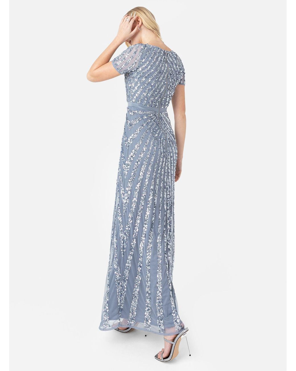 Maya Deluxe White Short Sleeve Stripe Embellished Maxi Dress
