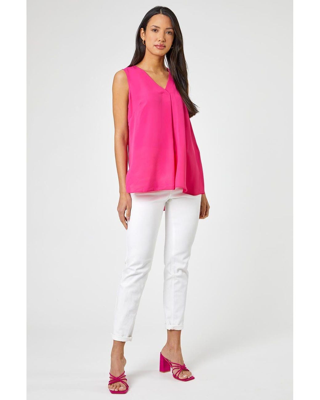 Roman Pink V-Neck Sleeveless Vest Pleat Top