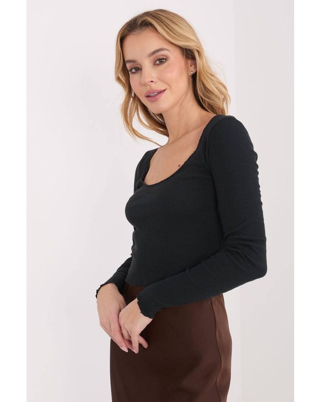Love Lace Black Fitted Long Sleeve Cotton Round Neck Blouse