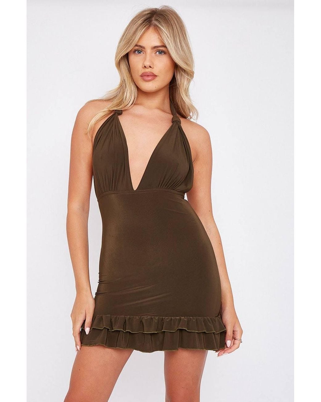 Stylewise Brown Twisted Halter Frill Hem Mini Dress