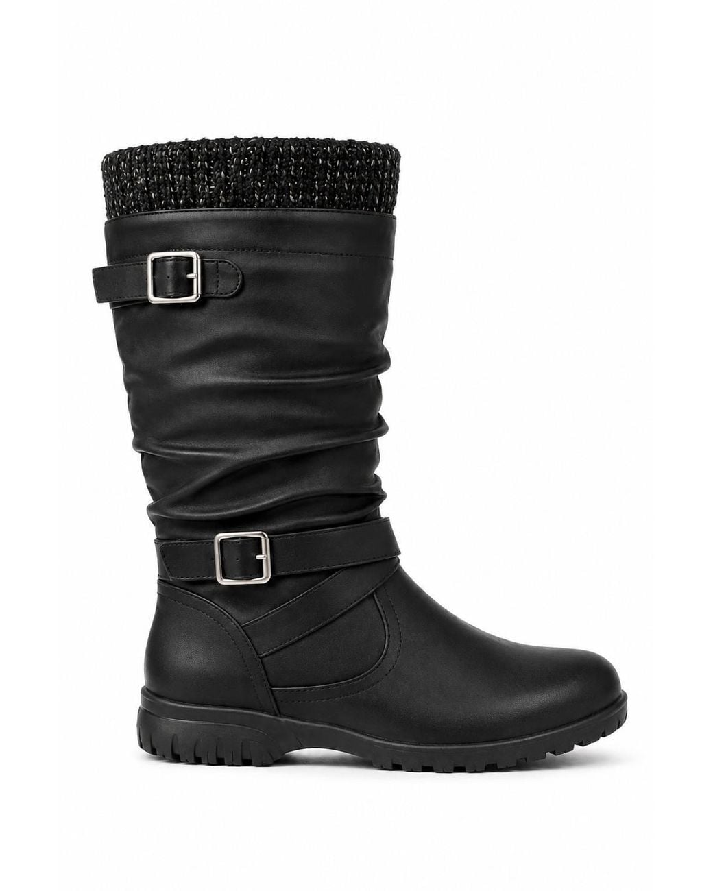 Spot on Black Mid Calf Buckle Detail Winter Boot With Knit Trim