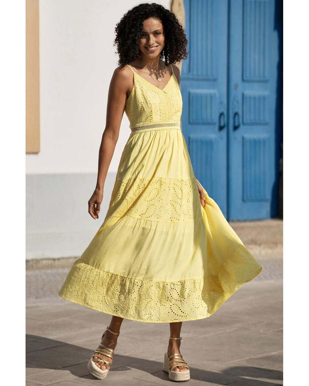 Yumi' Yellow Butter Cotton Lace Trim Midi Dress
