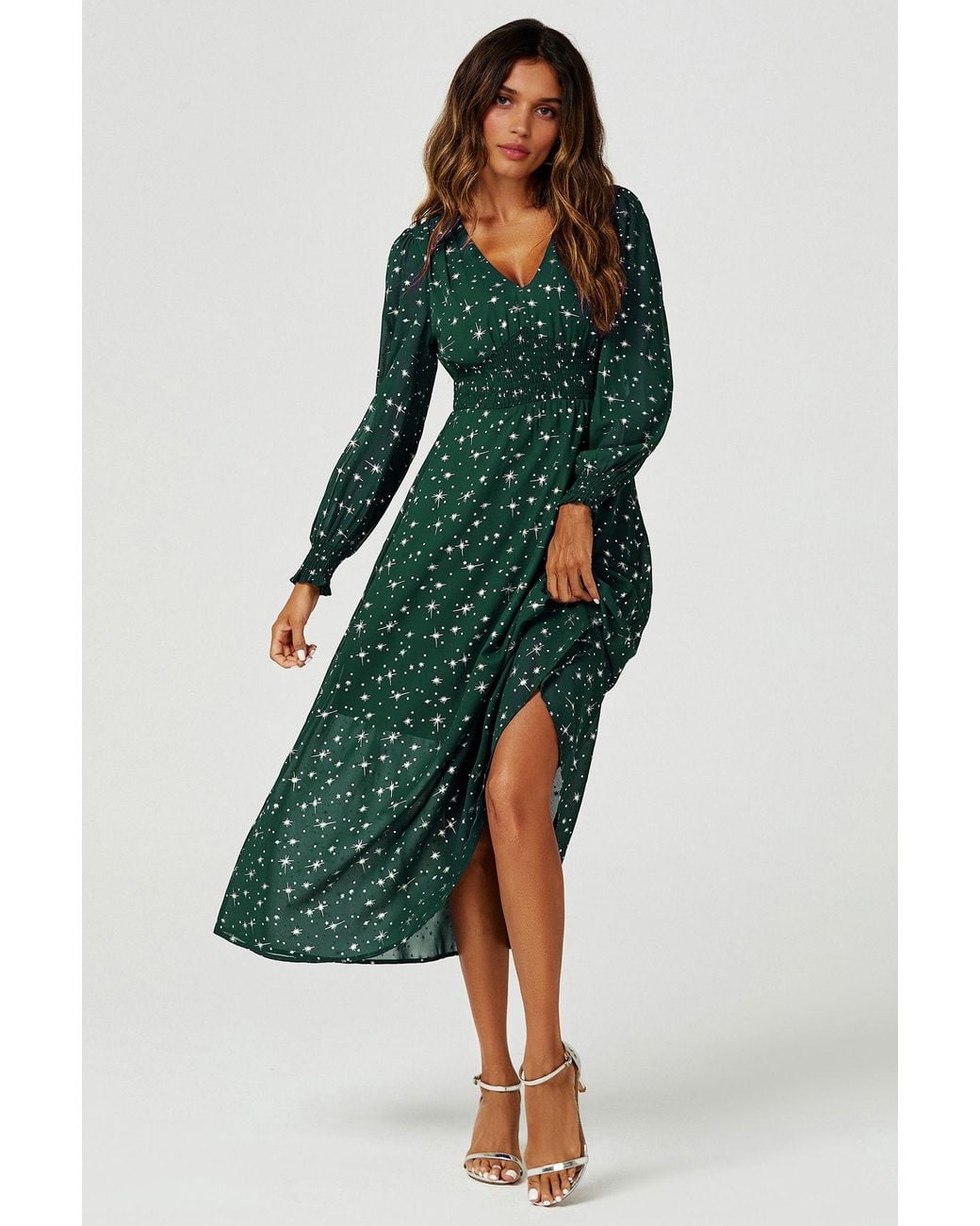 FS Collection Green Sliver Star Foil V Neckline Long Sleeve Maxi Dress