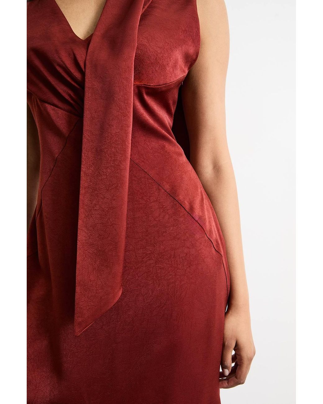 Warehouse Red Plain Scarf Detail Tie Neck Maxi Dress