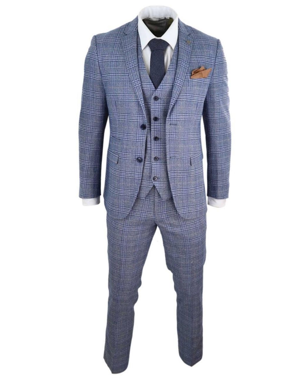 Infinity Leather Blue 3 Piece Tweed Check Vintage Retro Suit for men