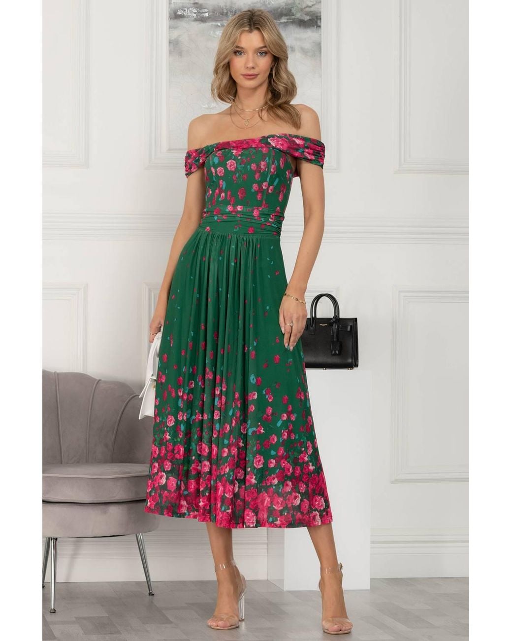 Jolie Moi Green Oliana Mesh Bardot Neckline Dress