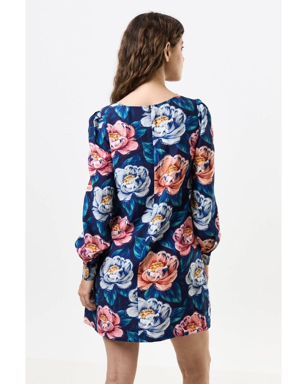Louche Blue Didee Peonies Long Sleeve A-Line Mini Dress