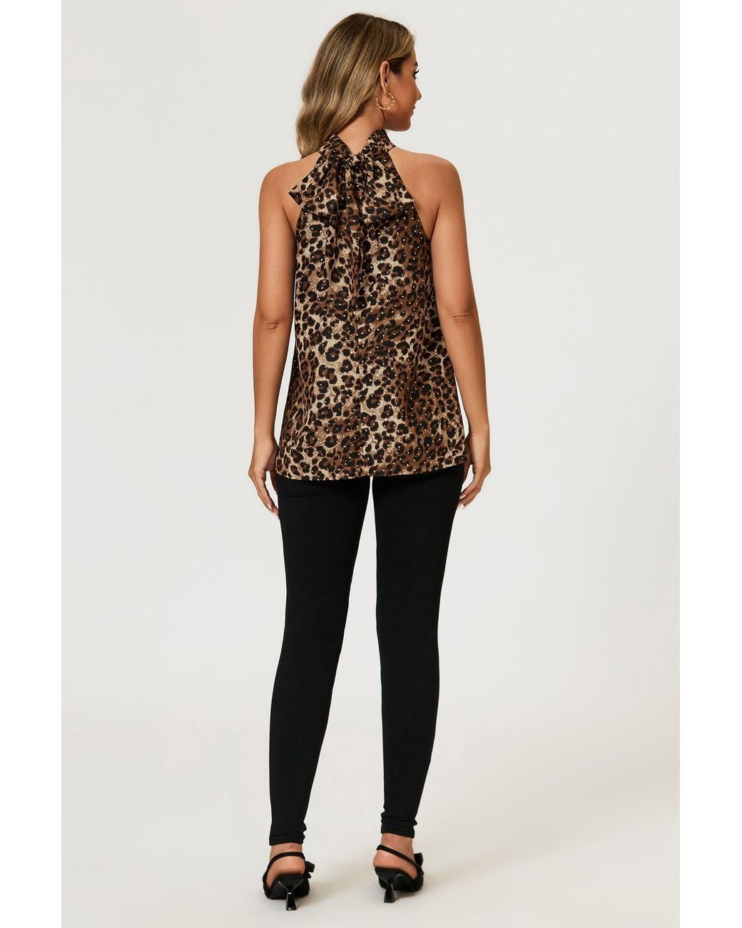 FS Collection Black Leopard Print Foil Halter Neck Tie Back Top