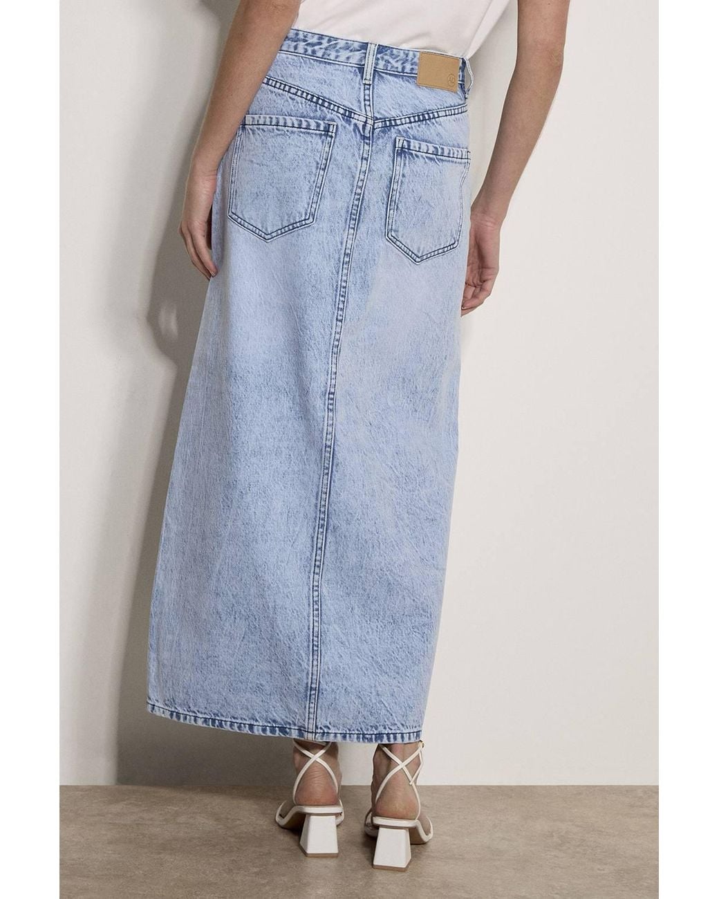 Apricot Blue Amara Faux Pearl Cotton Denim Midi Skirt