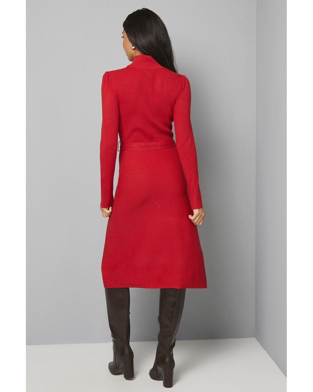 Wallis Red Rib Detail High Neck Belted Knitted Dress