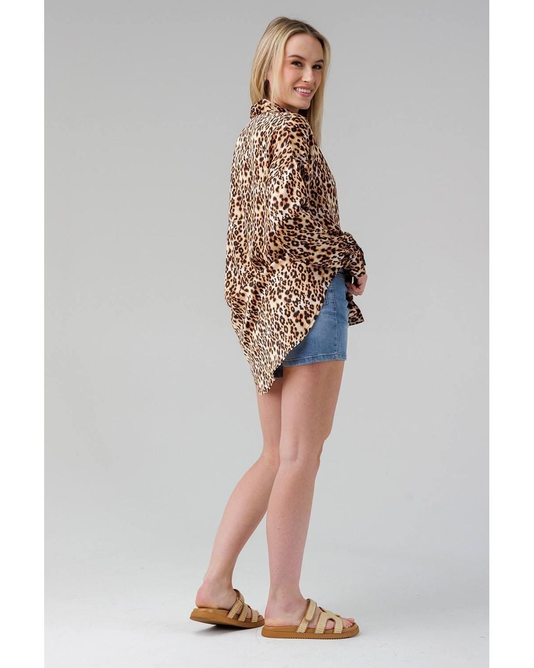 Influence Brown Oversized Cheetah Print Long Sleeve Shirt